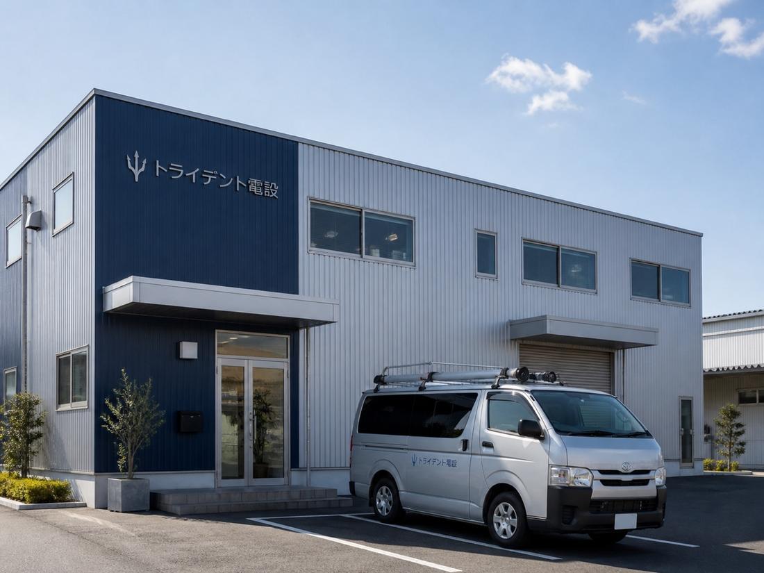千葉市内にある株式会社トライデント電設の社屋と作業車